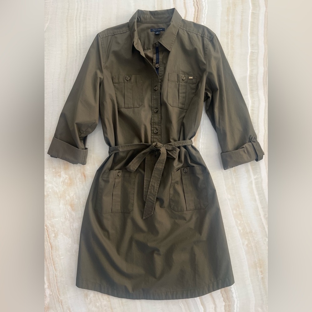 Tommy Hilfiger Olive Utility Shirt Dress with Tie Waist